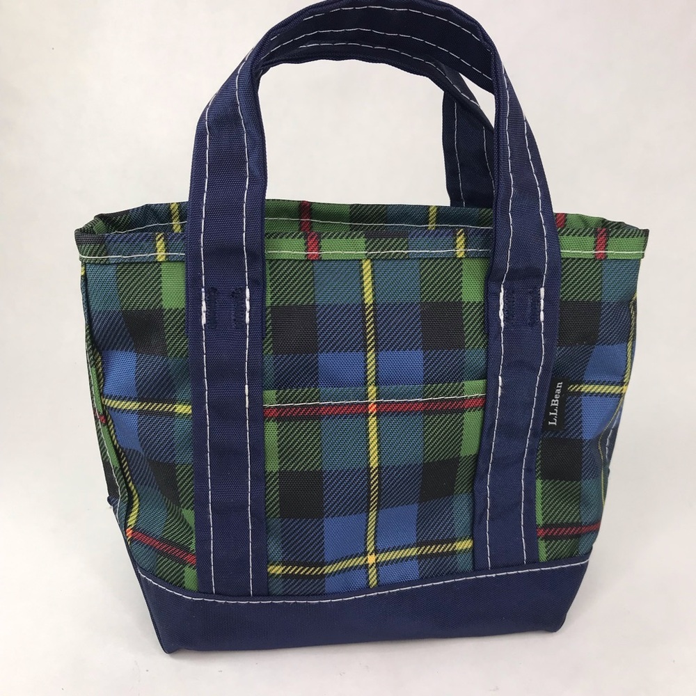 LL Bean Mini Everyday Lightweight Tote Blue Green Tartan Plaid Zipper Small